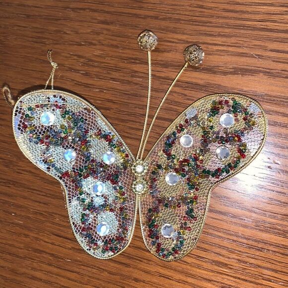 Vtg gold beaded butterfly Christmas tree ornament - Picture 1 of 6